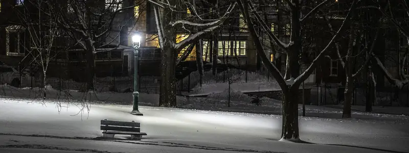 A snowy park at night lit by a street lamp